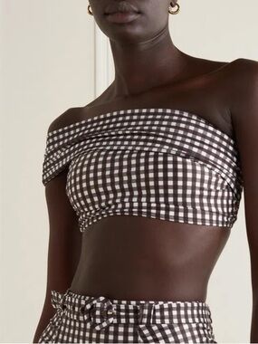 Peony Swim One Shoulder Bikini Top Gingham Cocoa Brown XL AU 14 Sustainable